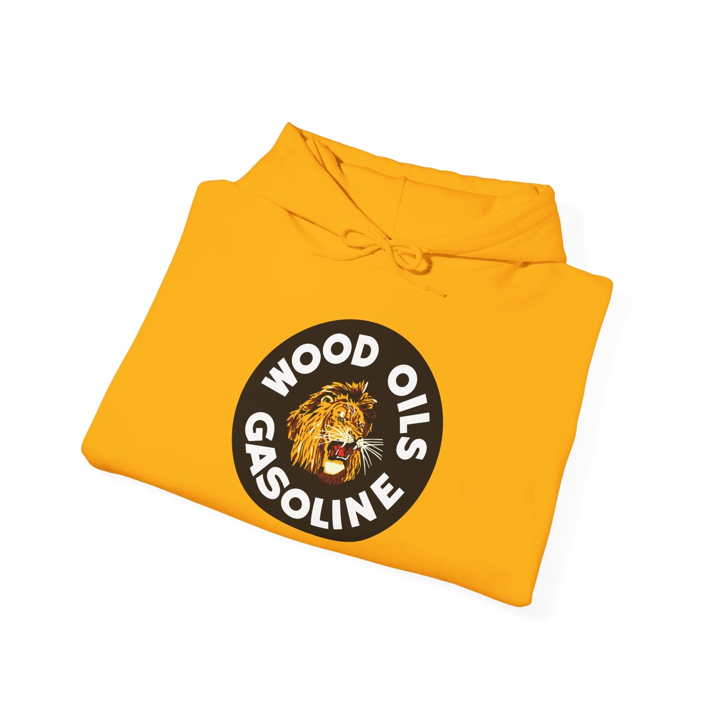 Lion Emblem Gasoline Hoodie — 'Wood Oils Gasoline' Retro Logo Sweatshirt