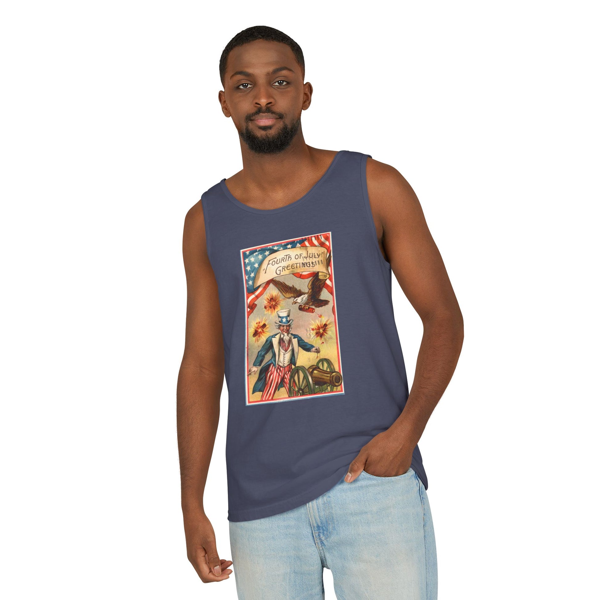 Fourth of July Greetings Uncle Sam tank top size detail — Comfort Colors 9360 unisex tank — The Faded Label Co.