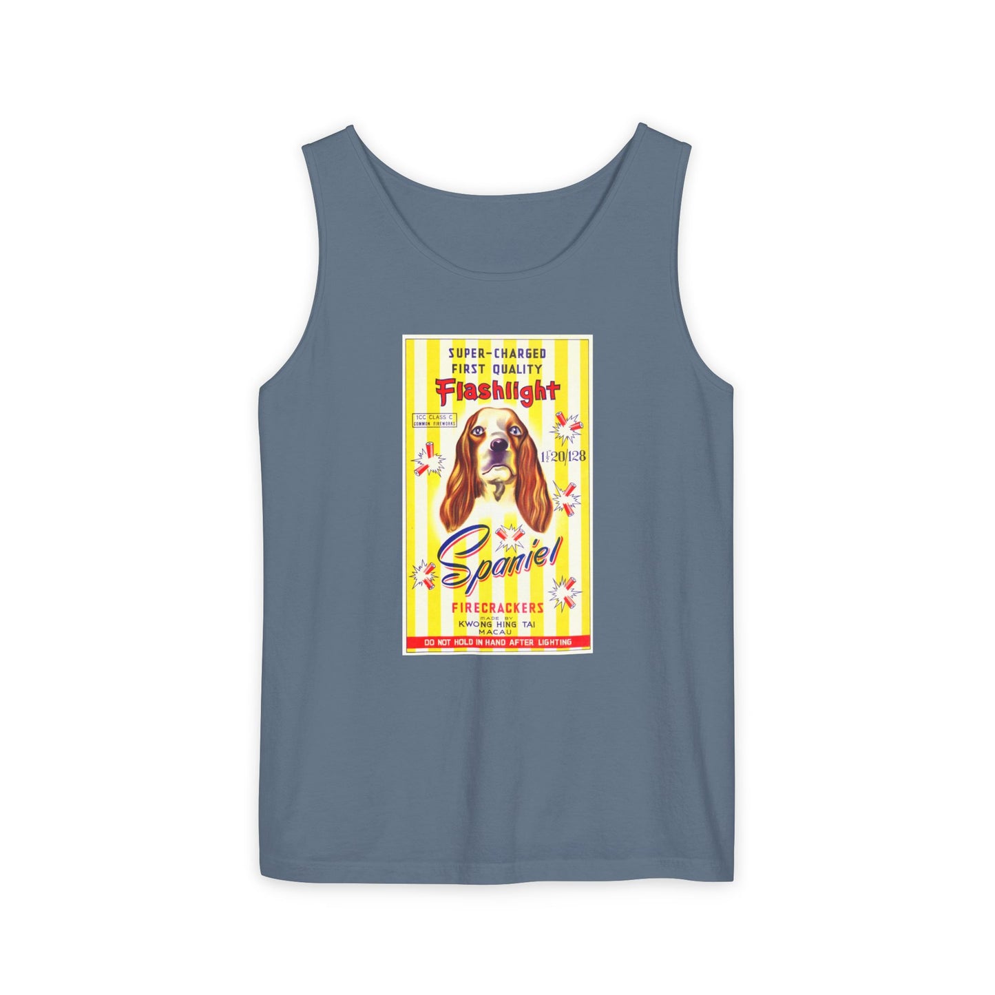 Spaniel Brand Firecrackers tank top detail — mid-century fireworks packaging art — The Faded Label Co.