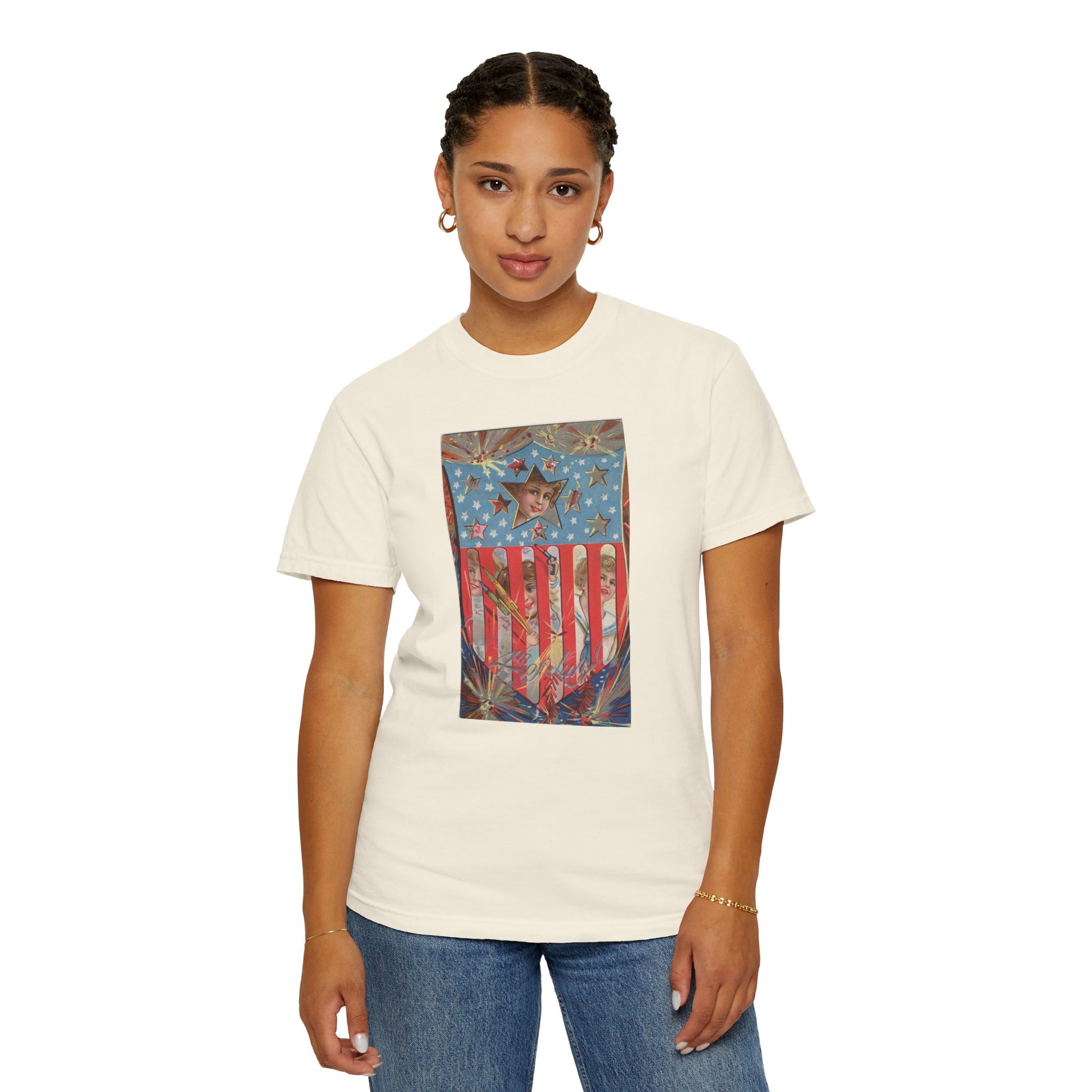 4th of July Shield Girls t-shirt on model — vintage patriotic Americana tee — The Faded Label Co.