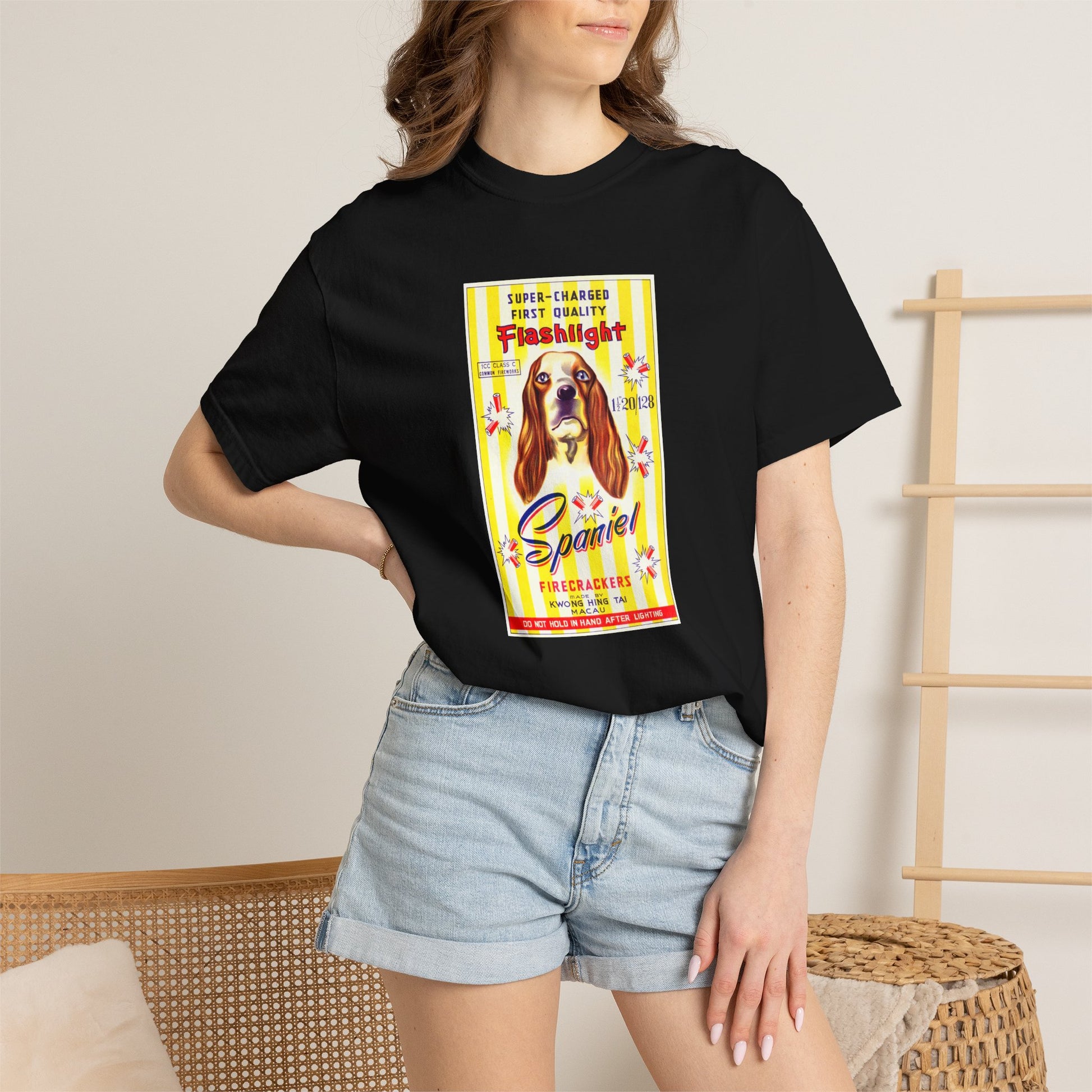 Spaniel Brand Firecrackers t-shirt folded — Comfort Colors garment-dyed fireworks art tee — The Faded Label Co.