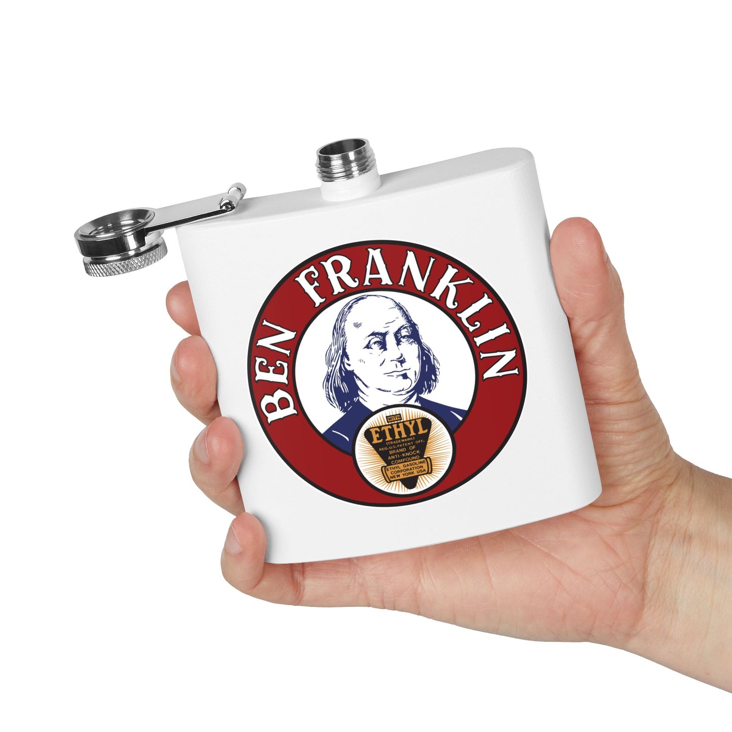 Ben Franklin Gasoline Flask — Vintage Petroliana Gift | The Faded Label Co.