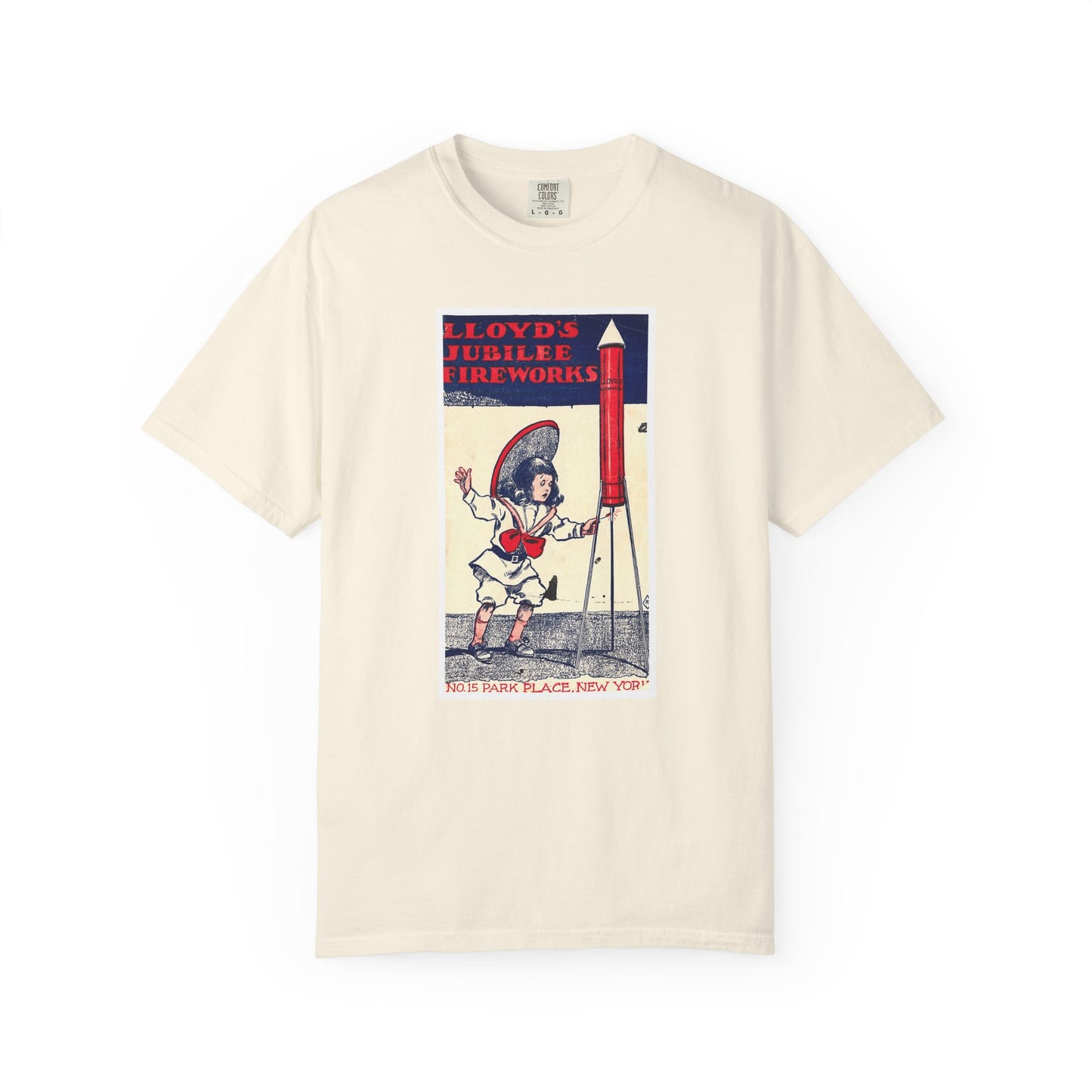 Lloyd's Jubilee Firecrackers t-shirt Blue Jean — Comfort Colors garment-dyed fireworks tee — The Faded Label Co.