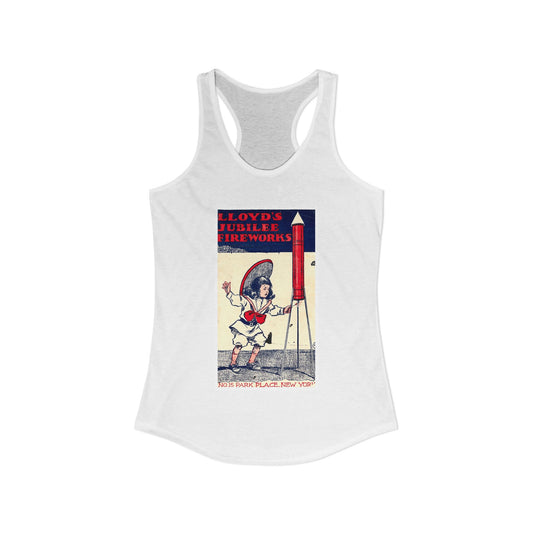 Lloyd's Jubilee Firecrackers women's racerback tank top — vintage 4th of July fireworks art — The Faded Label Co.