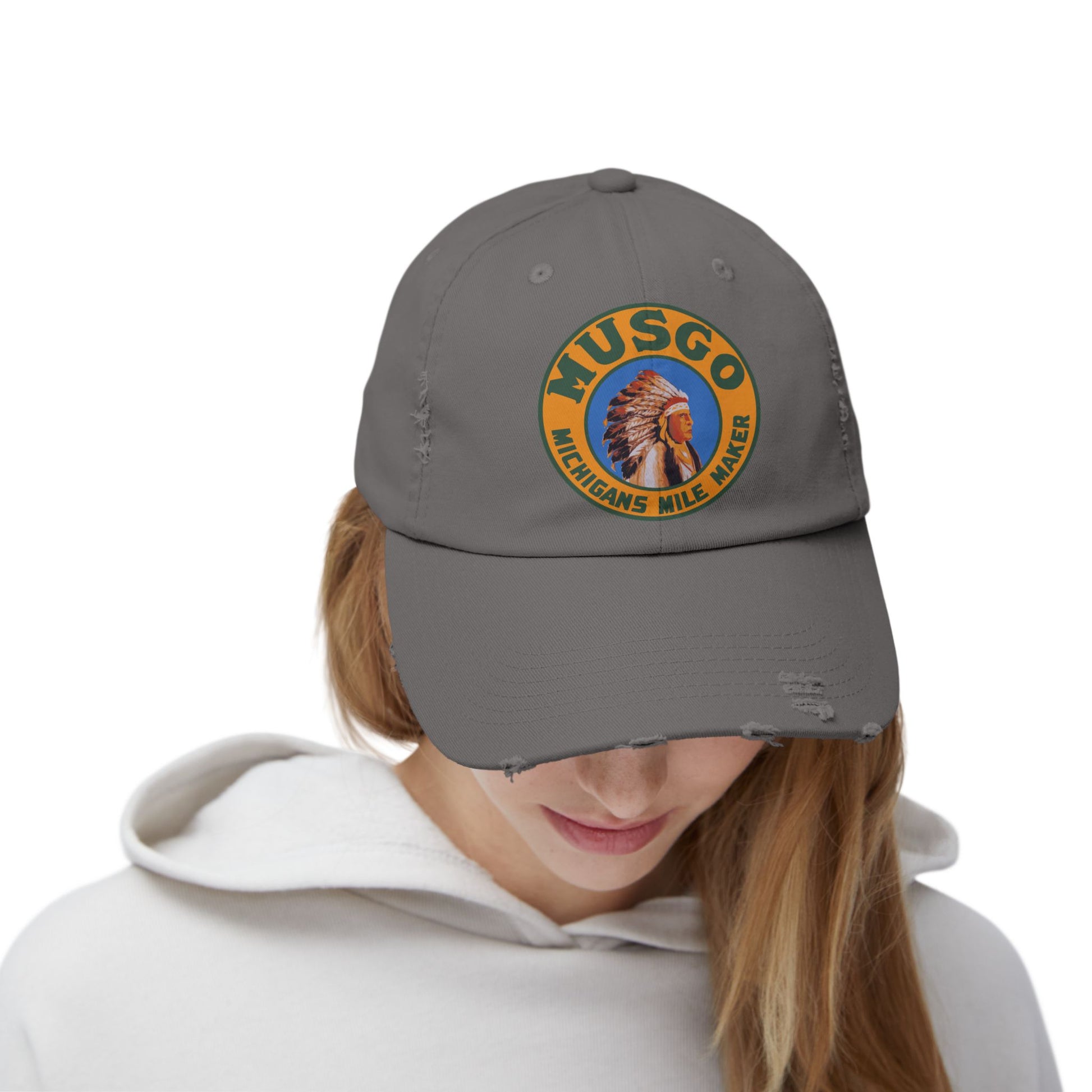 Musgo Gasoline distressed cap size detail — vintage petroliana hat — The Faded Label Co.