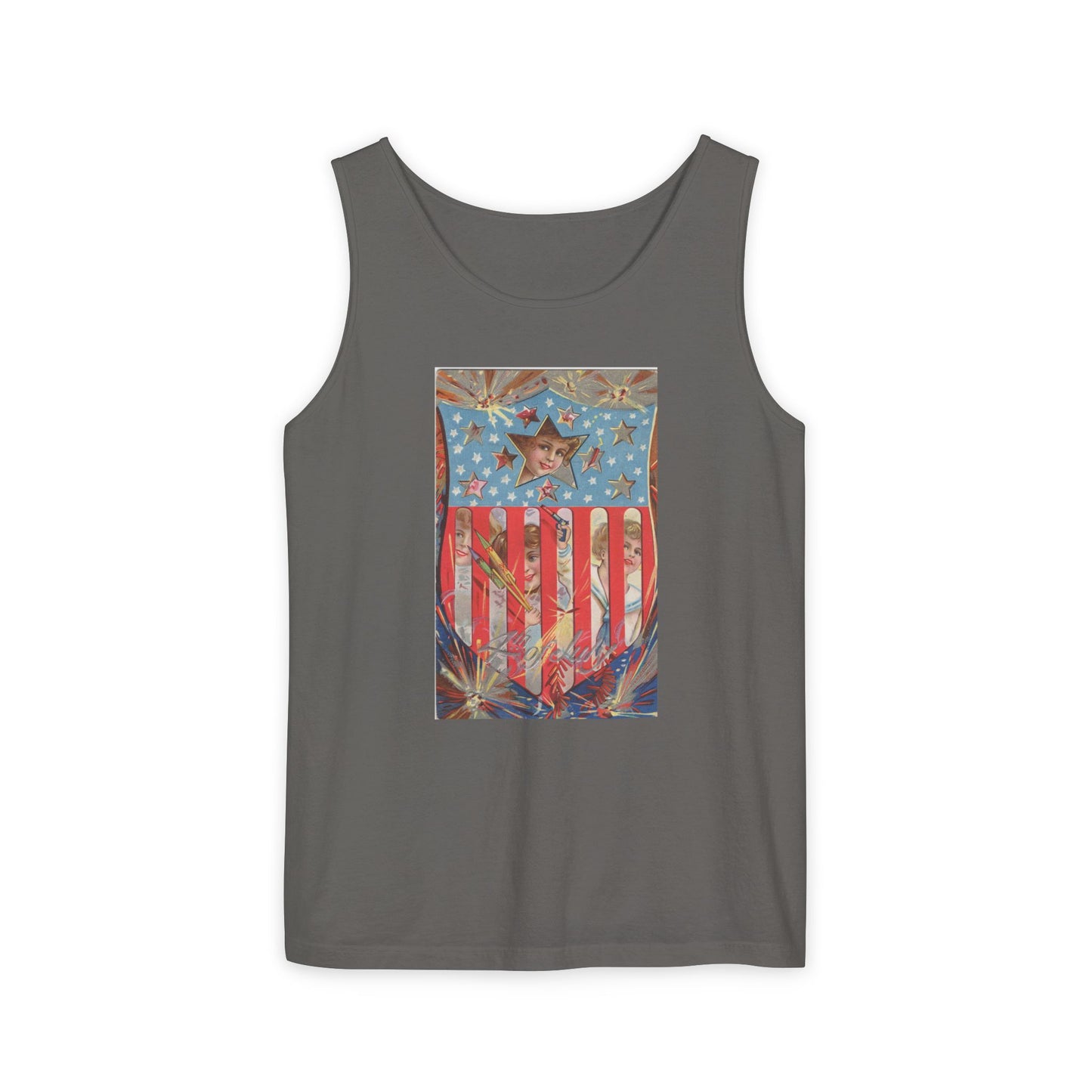 4th of July Shield Girls tank top blue jean — vintage embossed patriotic postcard art — The Faded Label Co.