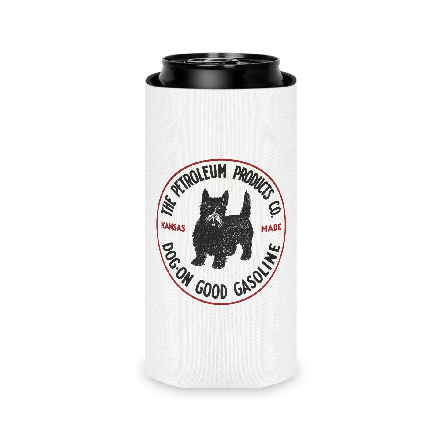 Dog-On Good Gasoline can cooler detail — Scottie dog graphic koozie — The Faded Label Co.