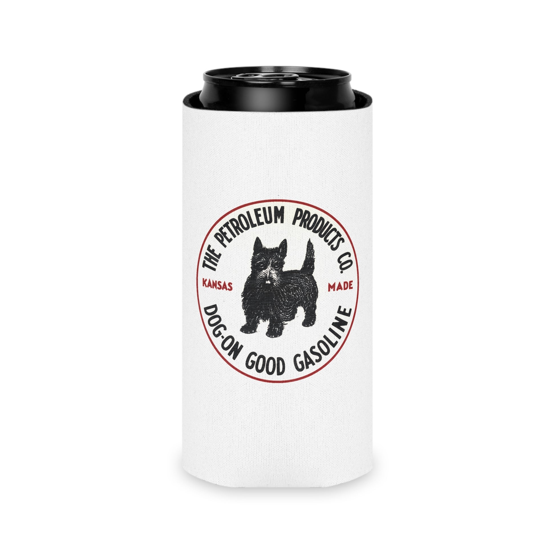 Dog-On Good Gasoline can cooler detail — Scottie dog graphic koozie — The Faded Label Co.