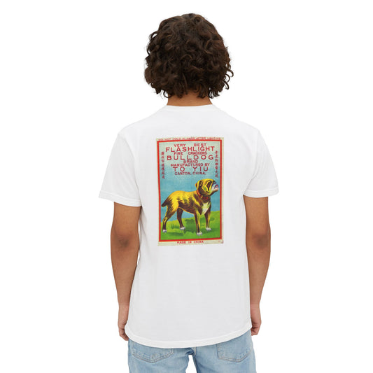 Bulldog Brand Firecrackers pocket t-shirt white back — vintage fireworks label art — The Faded Label Co.