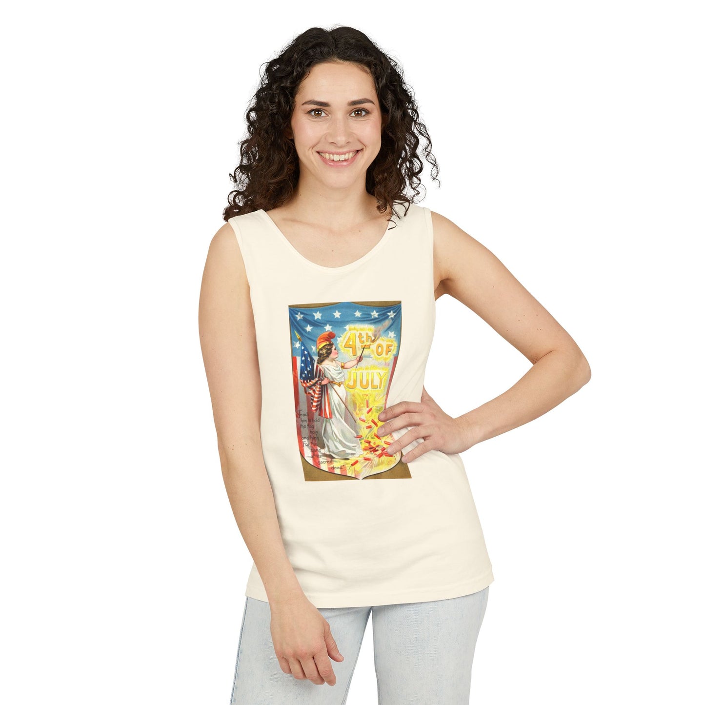 4th of July Flag Girl tank top on model — vintage patriotic graphic tank — The Faded Label Co.