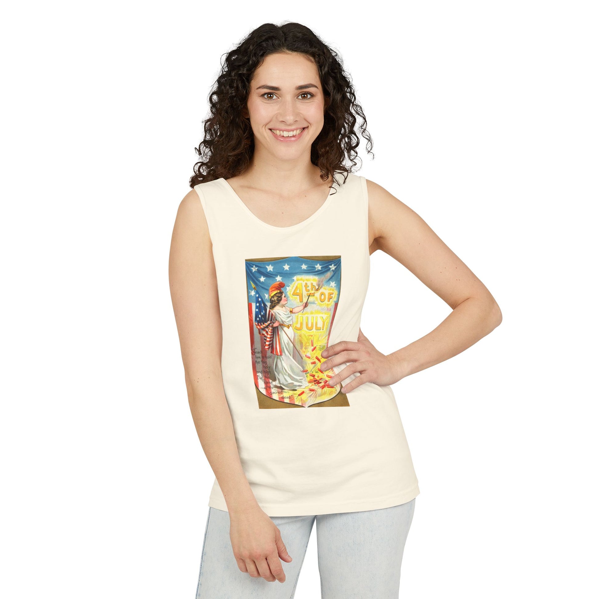 4th of July Flag Girl tank top on model — vintage patriotic graphic tank — The Faded Label Co.