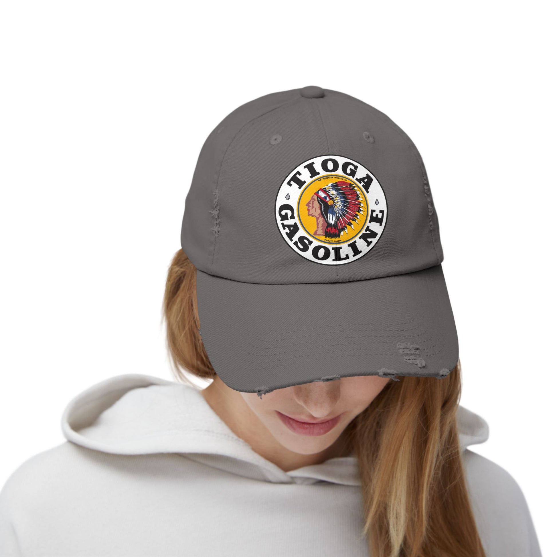 Tioga Gasoline distressed cap front logo — vintage Kansas petroliana — The Faded Label Co.