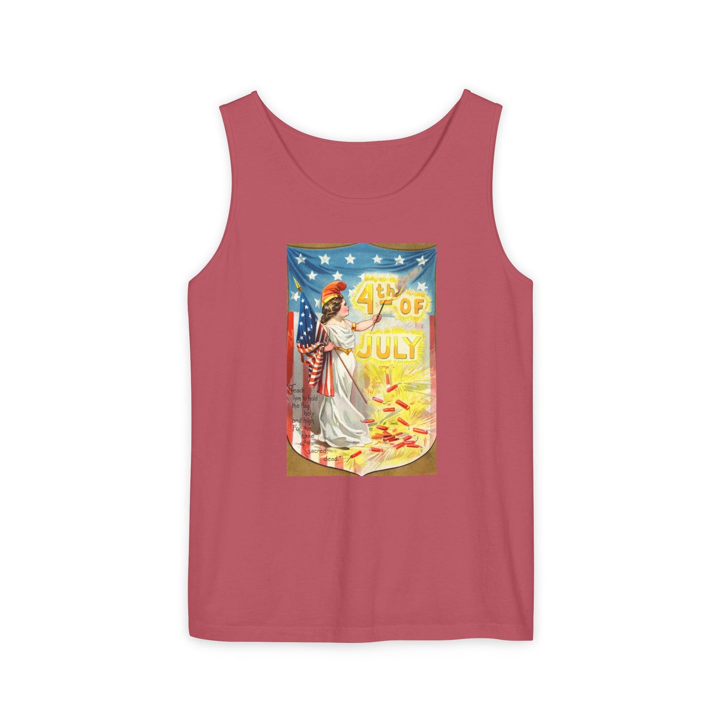 4th of July Flag Girl tank top true navy — vintage Columbia patriotic postcard art — The Faded Label Co.