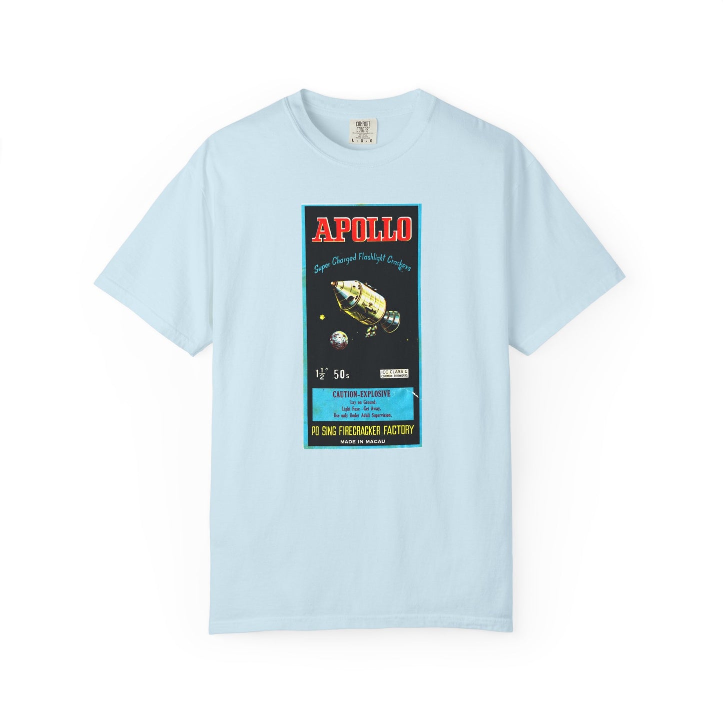 Apollo Firecrackers t-shirt on model front — vintage space age graphic tee — The Faded Label Co.
