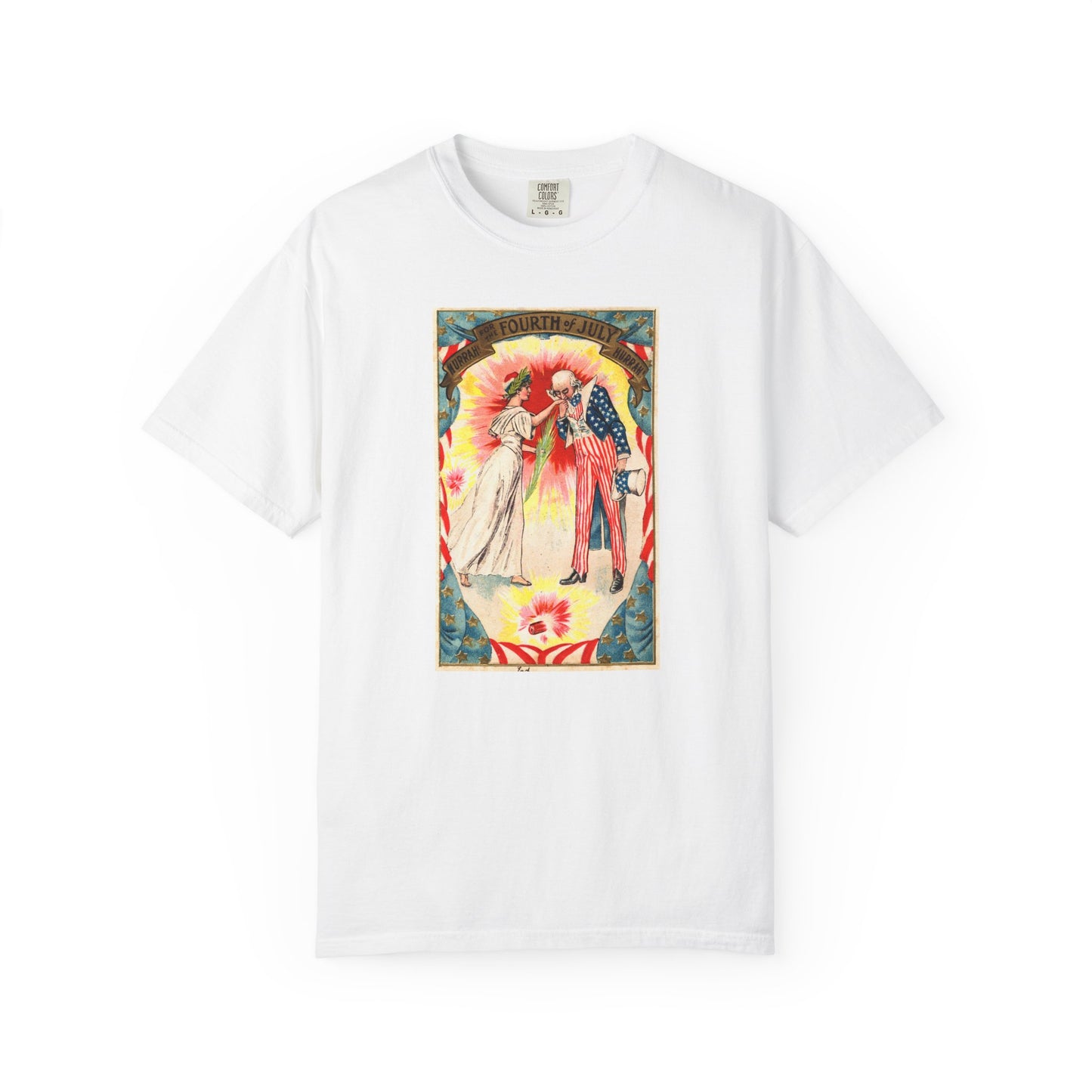 Uncle Sam and Columbia t-shirt white — vintage Fourth of July postcard art — The Faded Label Co.