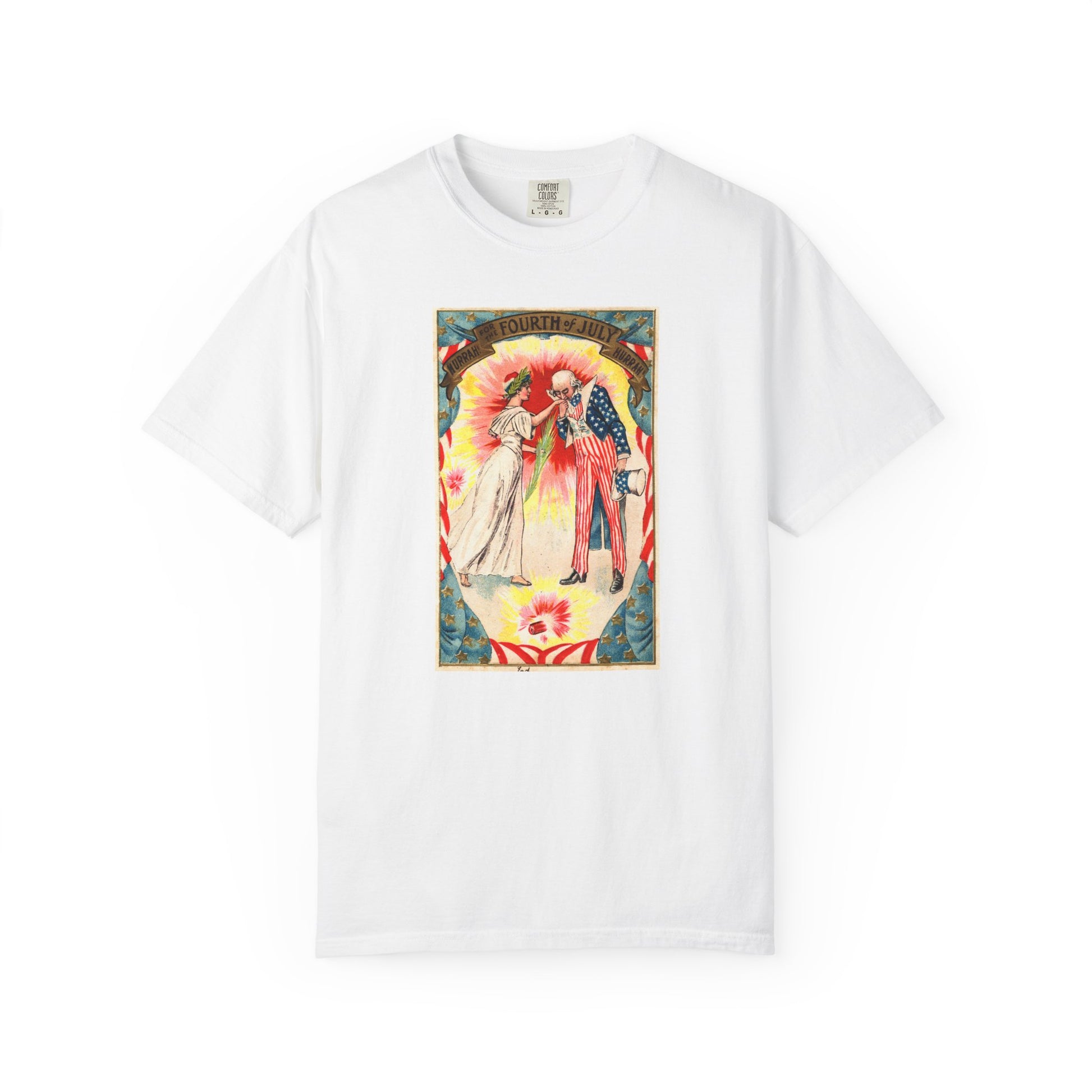 Uncle Sam and Columbia t-shirt white — vintage Fourth of July postcard art — The Faded Label Co.