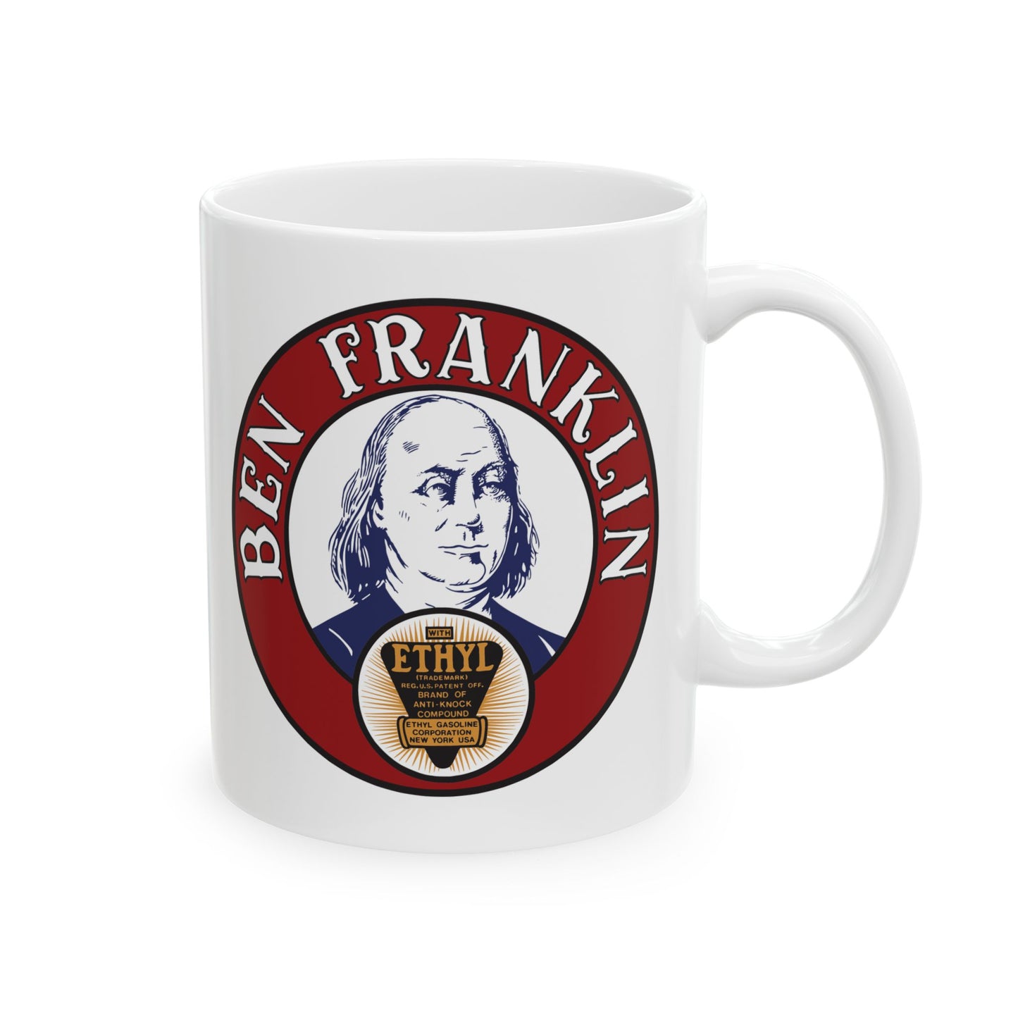 Ben Franklin Gasoline white coffee mug 15oz — vintage petroliana gift — The Faded Label Co.