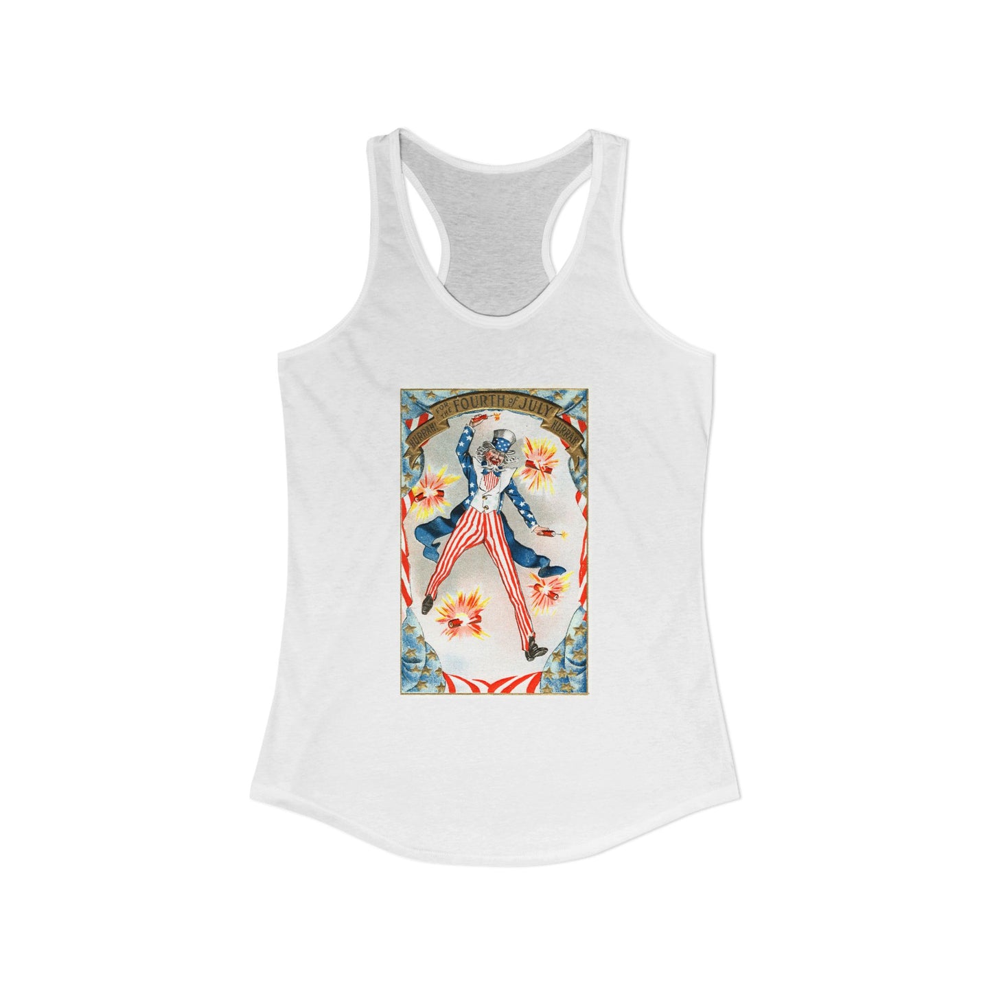 Hurrah Fourth of July Uncle Sam racerback tank midnight navy — vintage patriotic postcard art — The Faded Label Co.