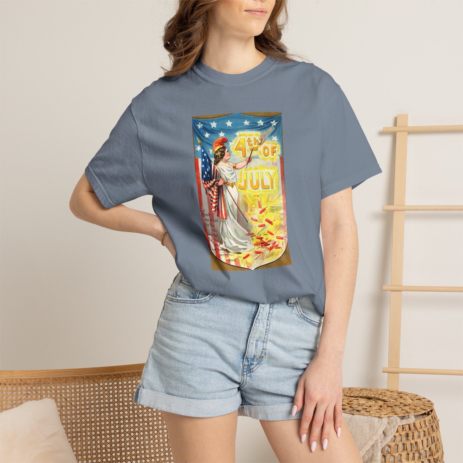 4th of July Flag Girl t-shirt care label — Comfort Colors 1717 vintage tee — The Faded Label Co.