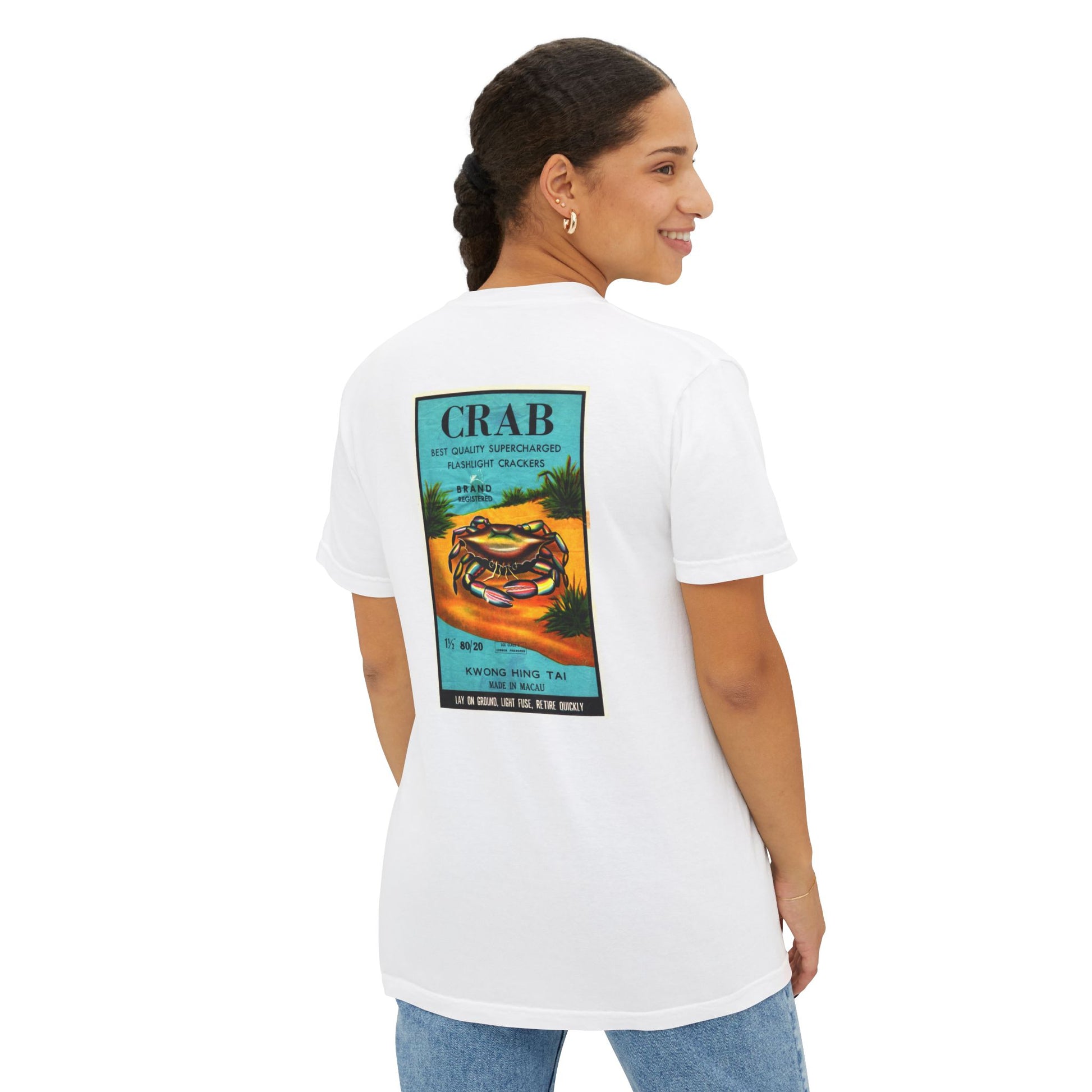 Crab Brand Firecrackers pocket t-shirt white back — vintage fireworks label art — The Faded Label Co.