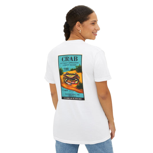 Crab Brand Firecrackers pocket t-shirt white back — vintage fireworks label art — The Faded Label Co.