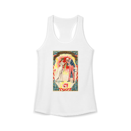 Uncle Sam and Columbia racerback tank midnight navy — vintage Fourth of July postcard art — The Faded Label Co.