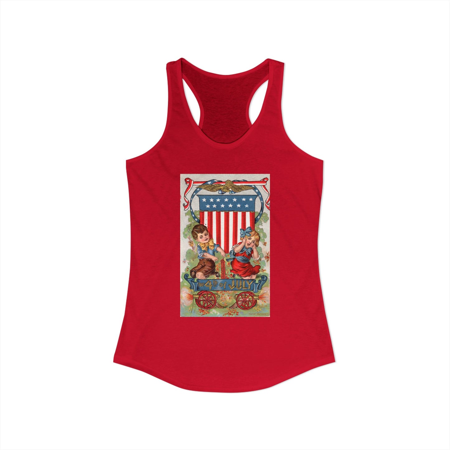 1908 Fourth of July Wagon racerback tank white — vintage patriotic postcard art — The Faded Label Co.