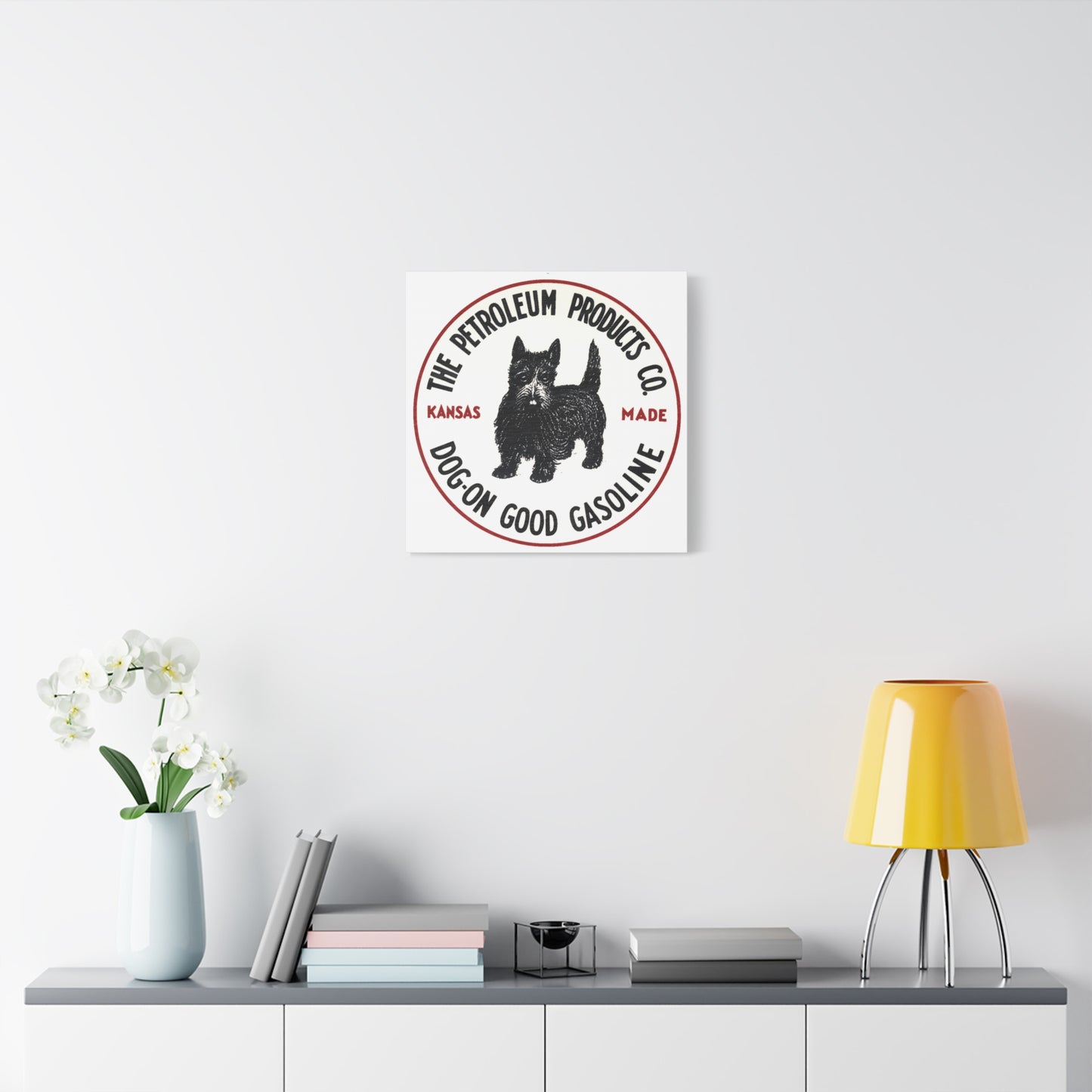 Dog-On Good Gasoline canvas wall art hanging detail — vintage roadside Americana — The Faded Label Co.