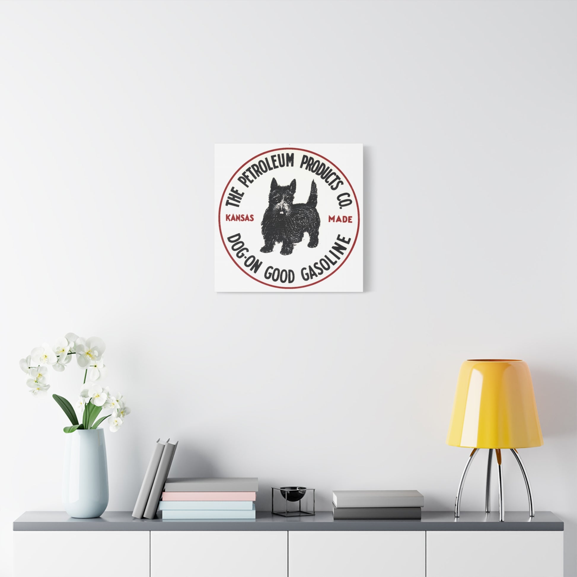 Dog-On Good Gasoline canvas wall art hanging detail — vintage roadside Americana — The Faded Label Co.