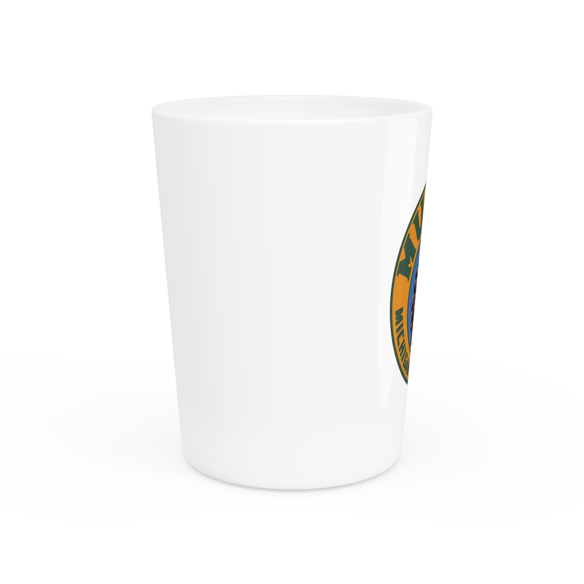 Musgo shot glass detail — vintage Michigan petroliana barware — The Faded Label Co.