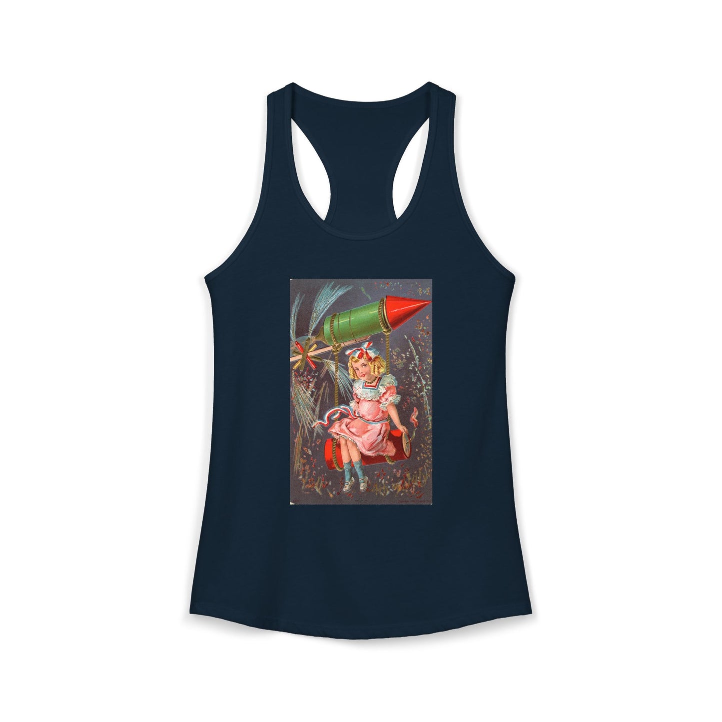 1907 Rocket Girl racerback tank midnight navy — vintage 4th of July postcard art — The Faded Label Co.