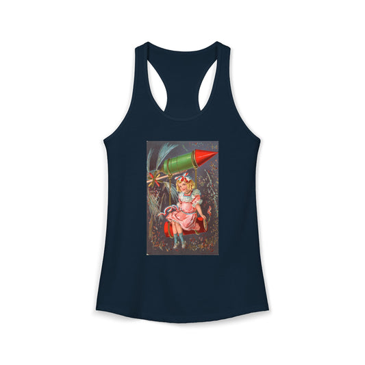 1907 Rocket Girl racerback tank midnight navy — vintage 4th of July postcard art — The Faded Label Co.