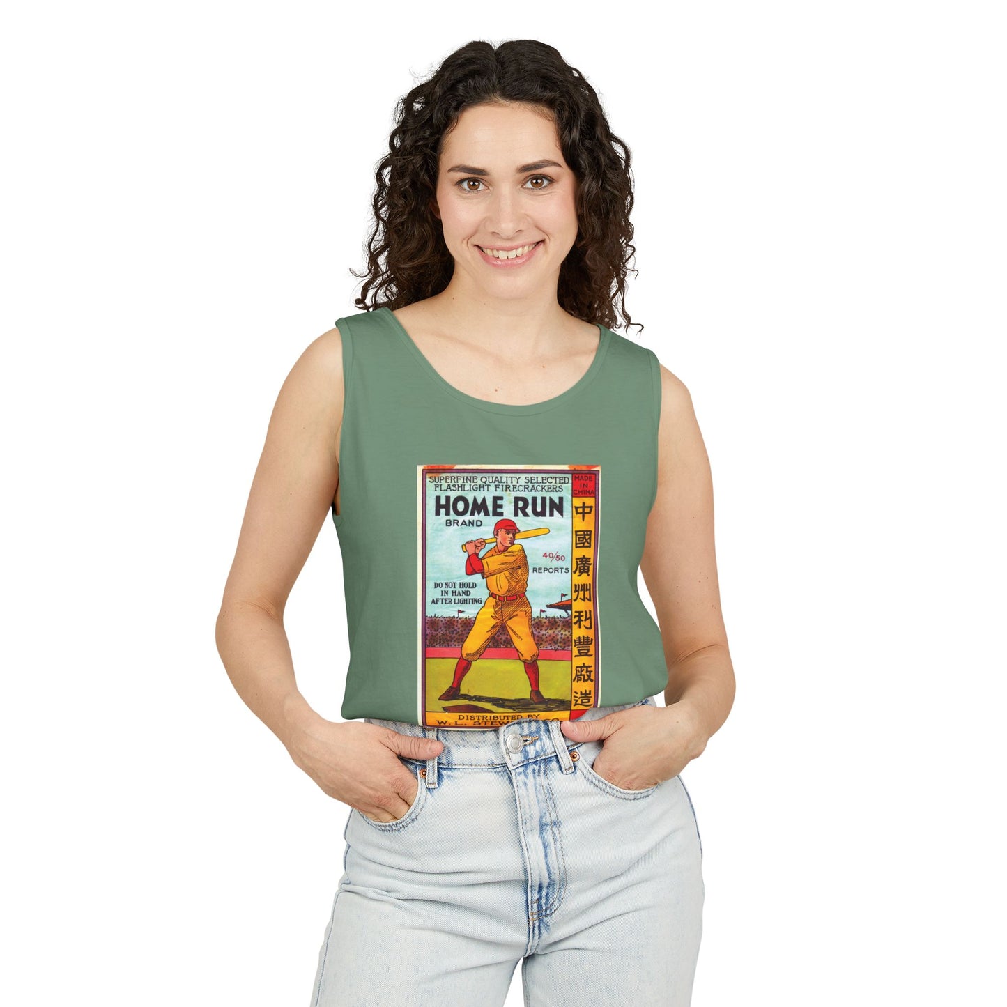 Home Run Firecrackers tank top chambray — America's 250th anniversary apparel — The Faded Label Co.