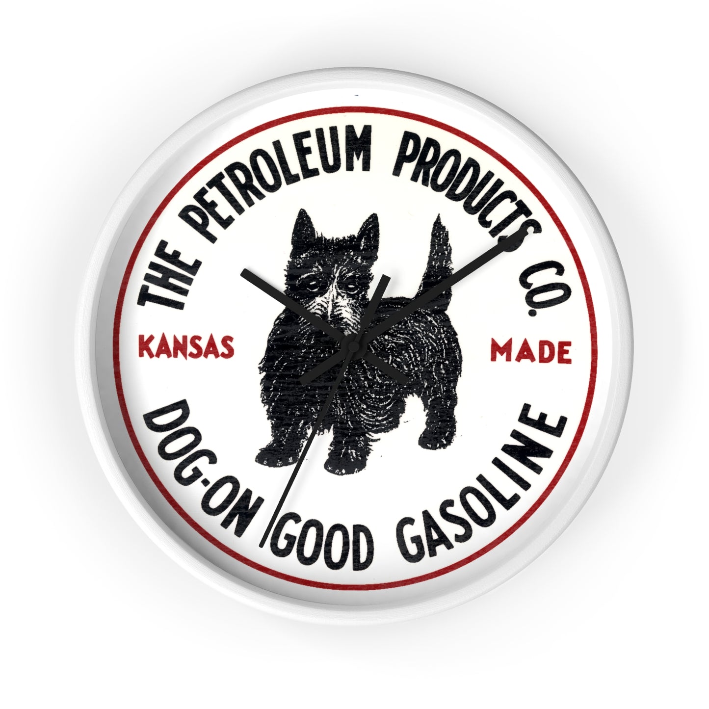 Dog-On Good Gasoline wall clock black base — vintage petroliana garage decor — The Faded Label Co.