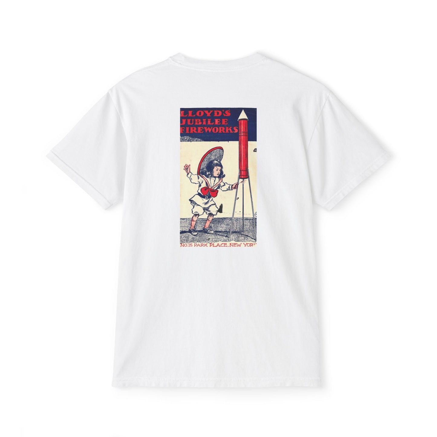 Lloyd's Jubilee Fireworks pocket t-shirt white — person wearing — The Faded Label Co.