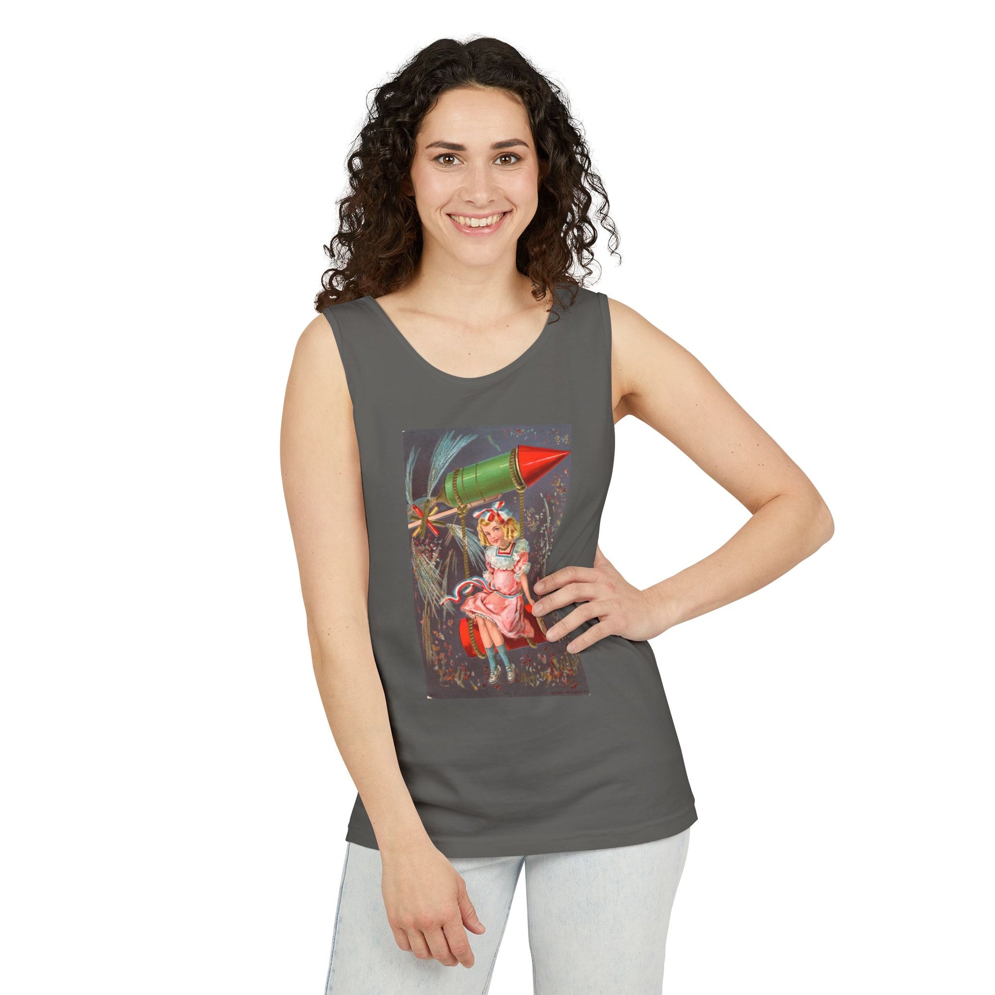 1907 Rocket Girl tank top flat lay denim — Comfort Colors 9360 unisex tank — The Faded Label Co.