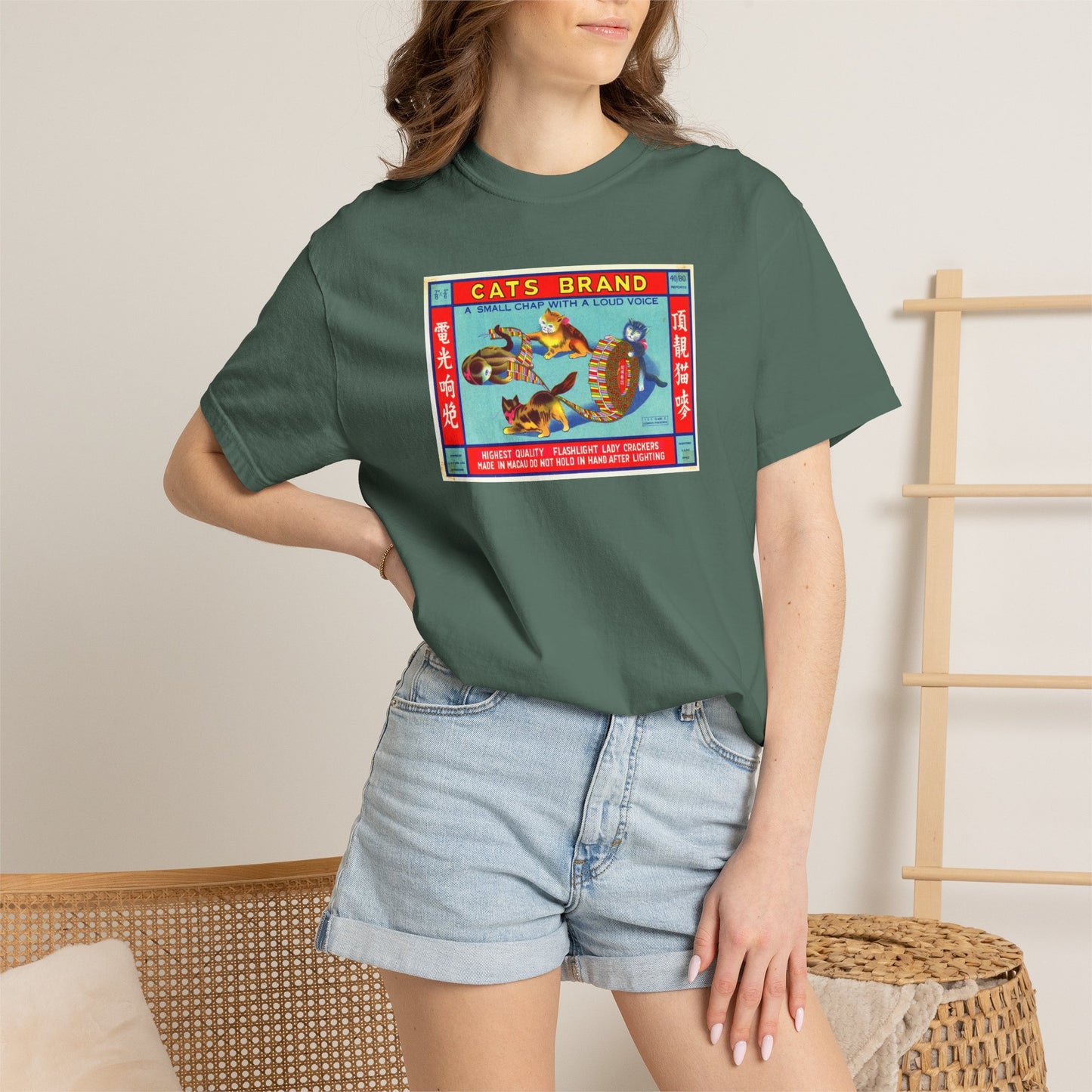 Cats Brand Firecrackers t-shirt design detail — vintage cat character label close-up — The Faded Label Co.