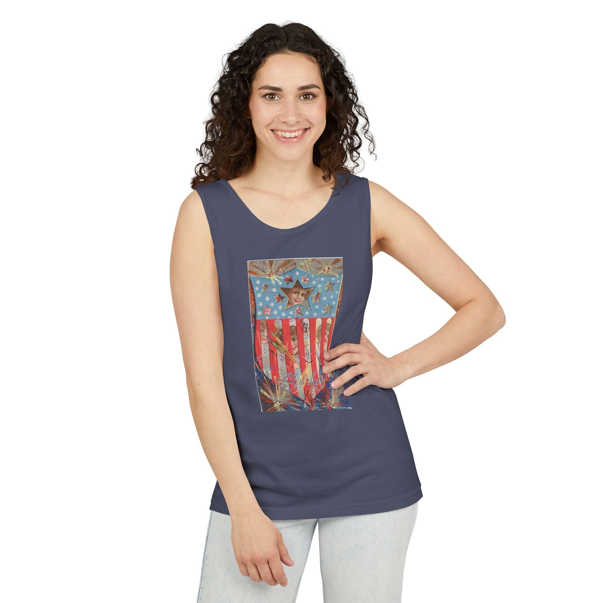 4th of July Shield Girls tank top size detail — Comfort Colors 9360 unisex tank — The Faded Label Co.