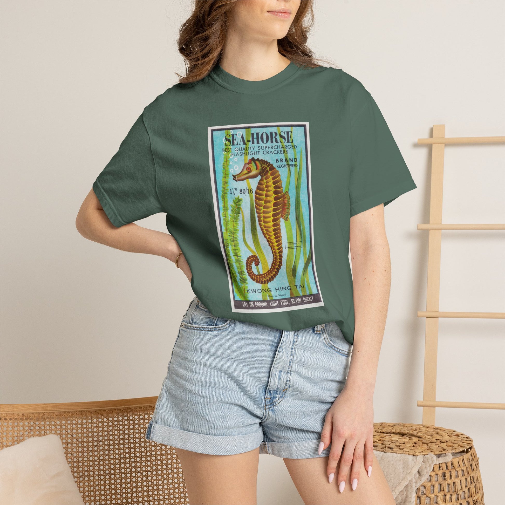 Seahorse Brand Firecrackers t-shirt design detail — seahorse vintage label close-up — The Faded Label Co.