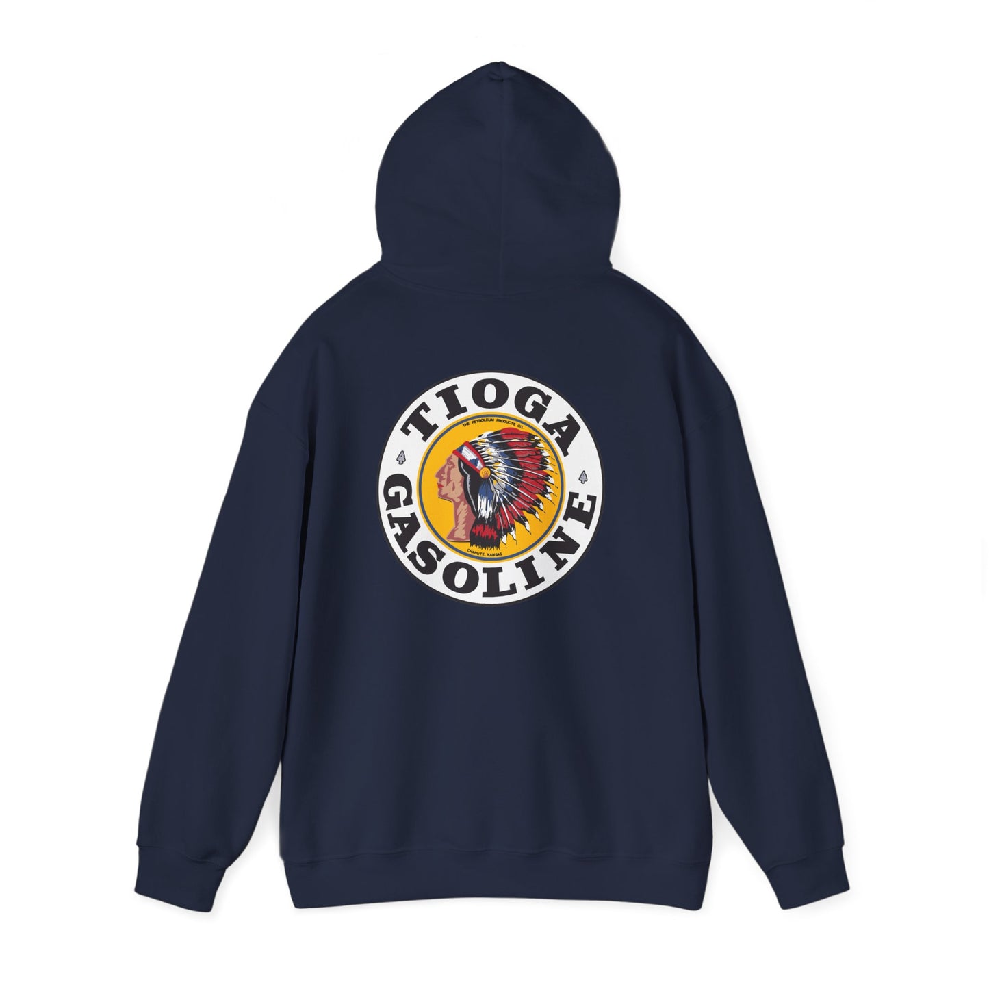 Tioga Gasoline Logo Hoodie — Vintage Native Chief Emblem