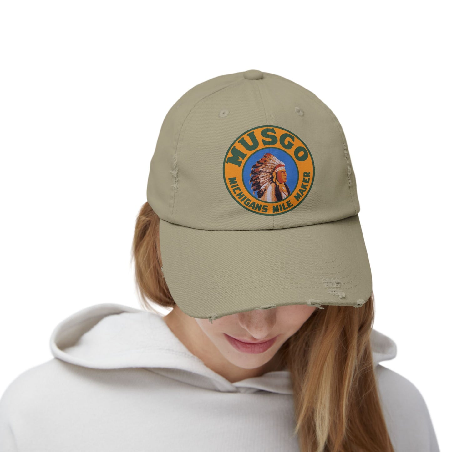Musgo Gasoline distressed cap front logo — Michigan Mile Maker petroliana — The Faded Label Co.