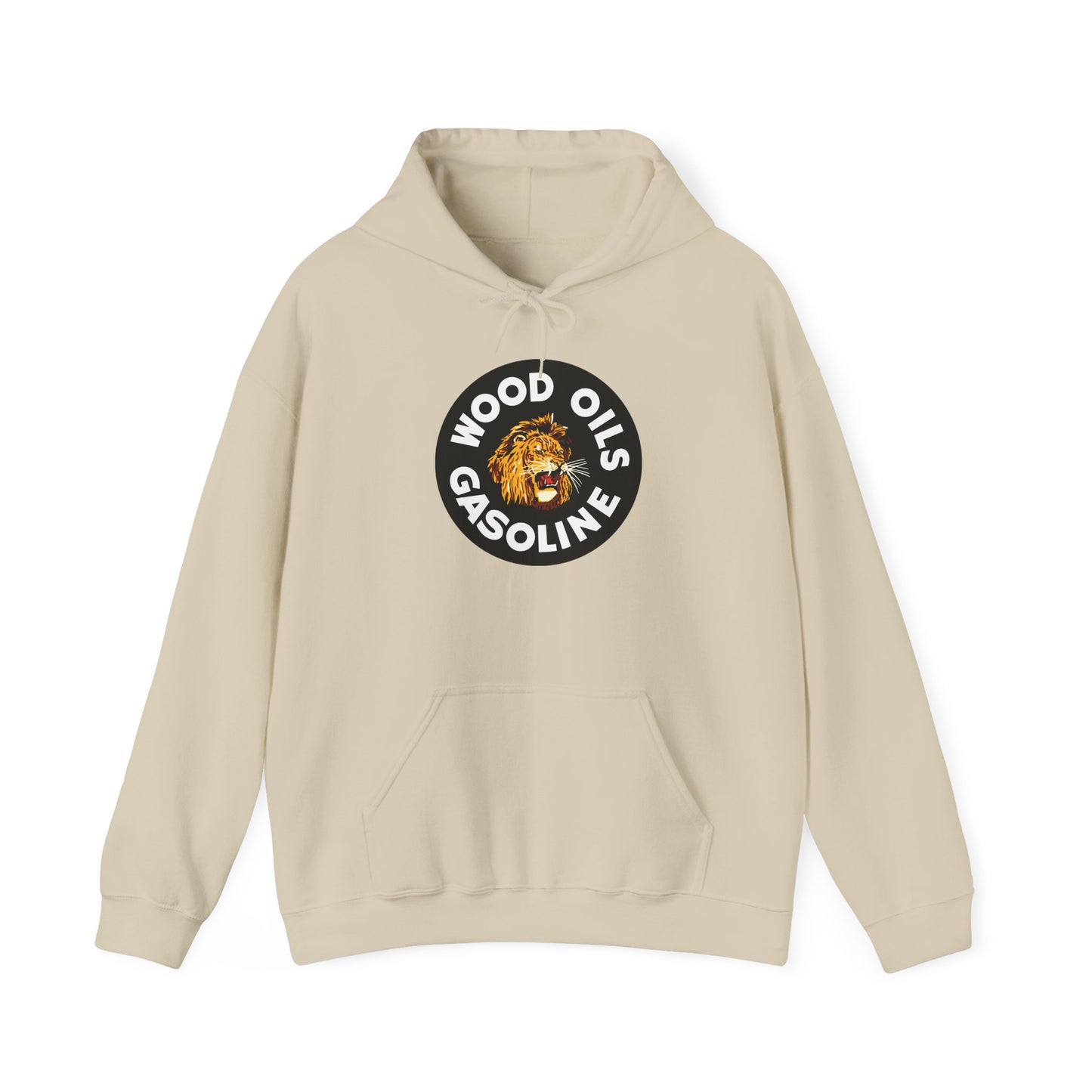Lion Emblem Gasoline Hoodie — 'Wood Oils Gasoline' Retro Logo Sweatshirt