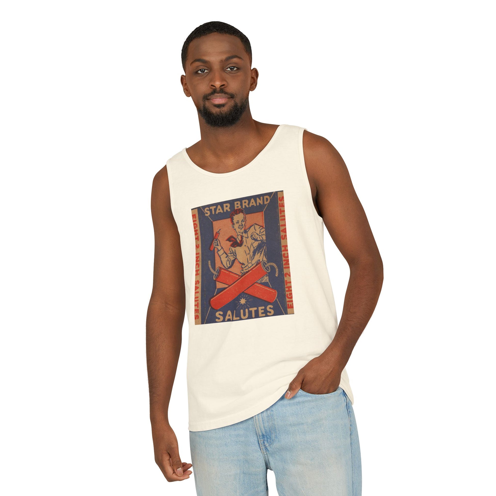 Star Brand Salutes tank top on model — vintage 4th of July graphic tank — The Faded Label Co.