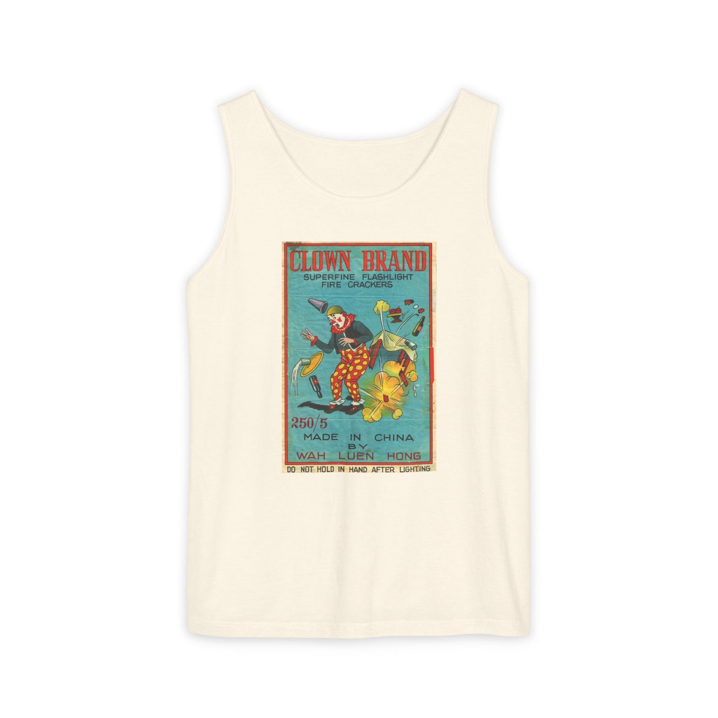 Clown Brand Firecrackers tank top white — vintage fireworks label art — The Faded Label Co.