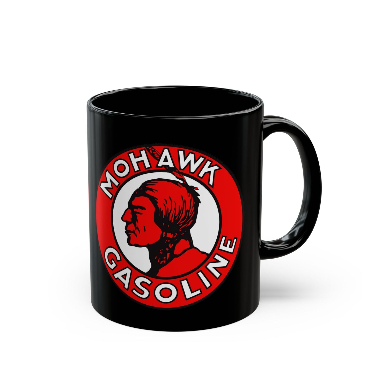 Mohawk Gasoline black coffee mug side view — retro gas station drinkware — The Faded Label Co.