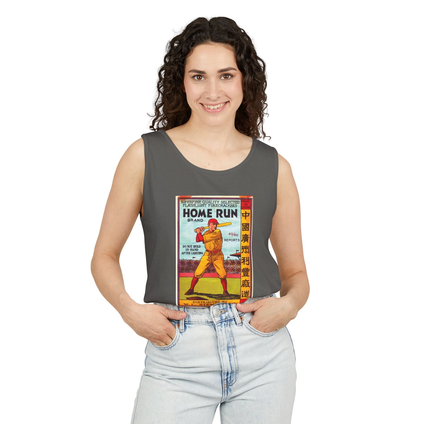 Home Run Firecrackers tank top blue jean — Comfort Colors garment-dyed — The Faded Label Co.