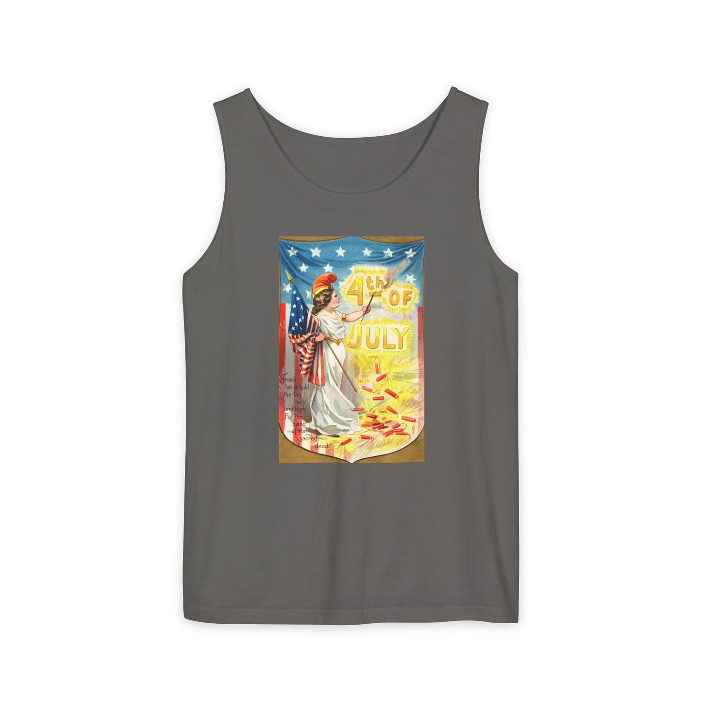 4th of July Flag Girl tank top blue jean — vintage Columbia patriotic postcard art — The Faded Label Co.