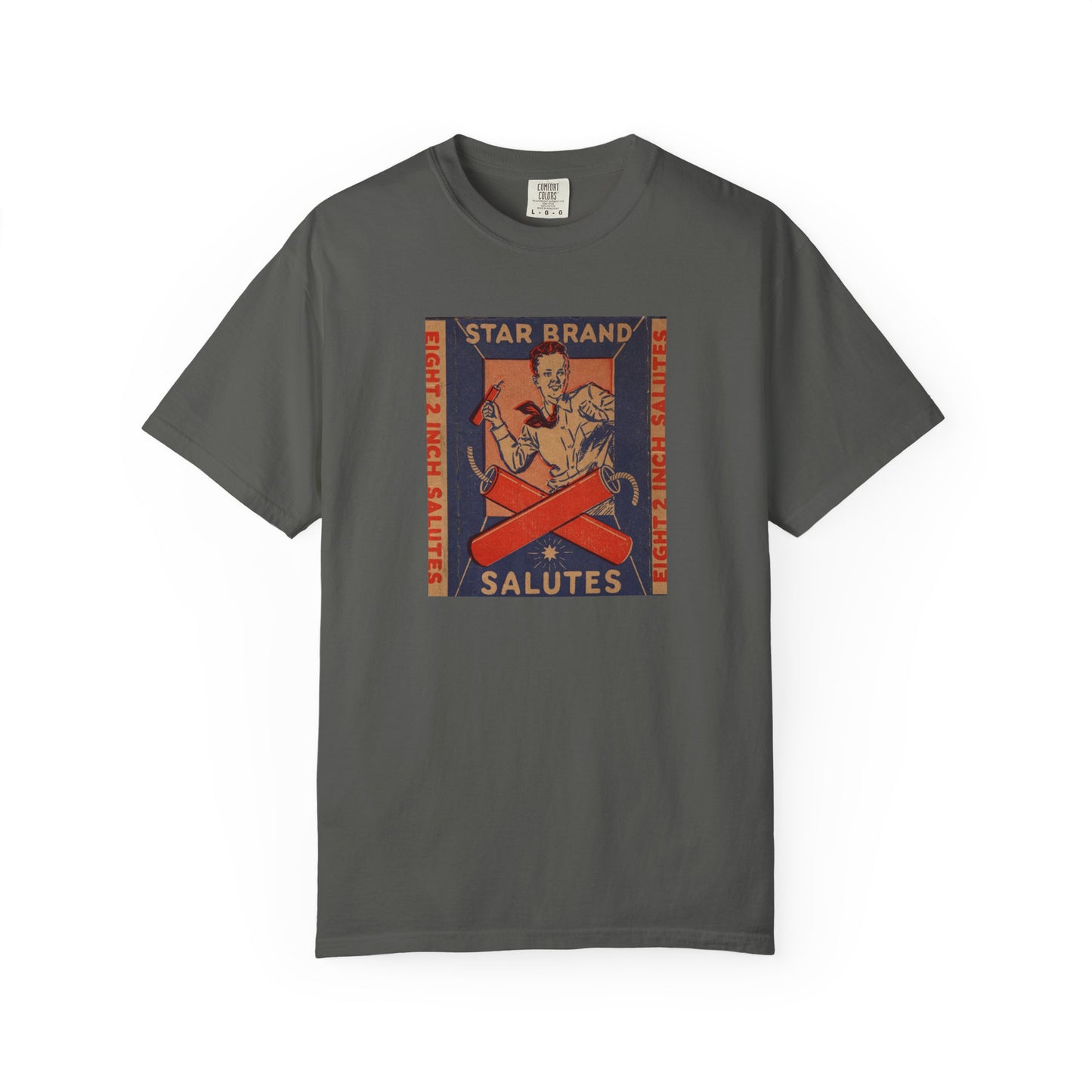 Star Brand Salutes t-shirt chambray — vintage fireworks label art — The Faded Label Co.