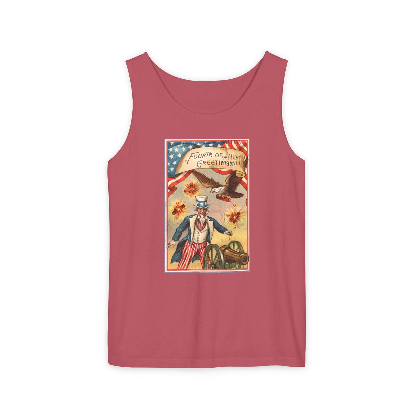 Fourth of July Greetings Uncle Sam tank top true navy — vintage patriotic postcard art — The Faded Label Co.