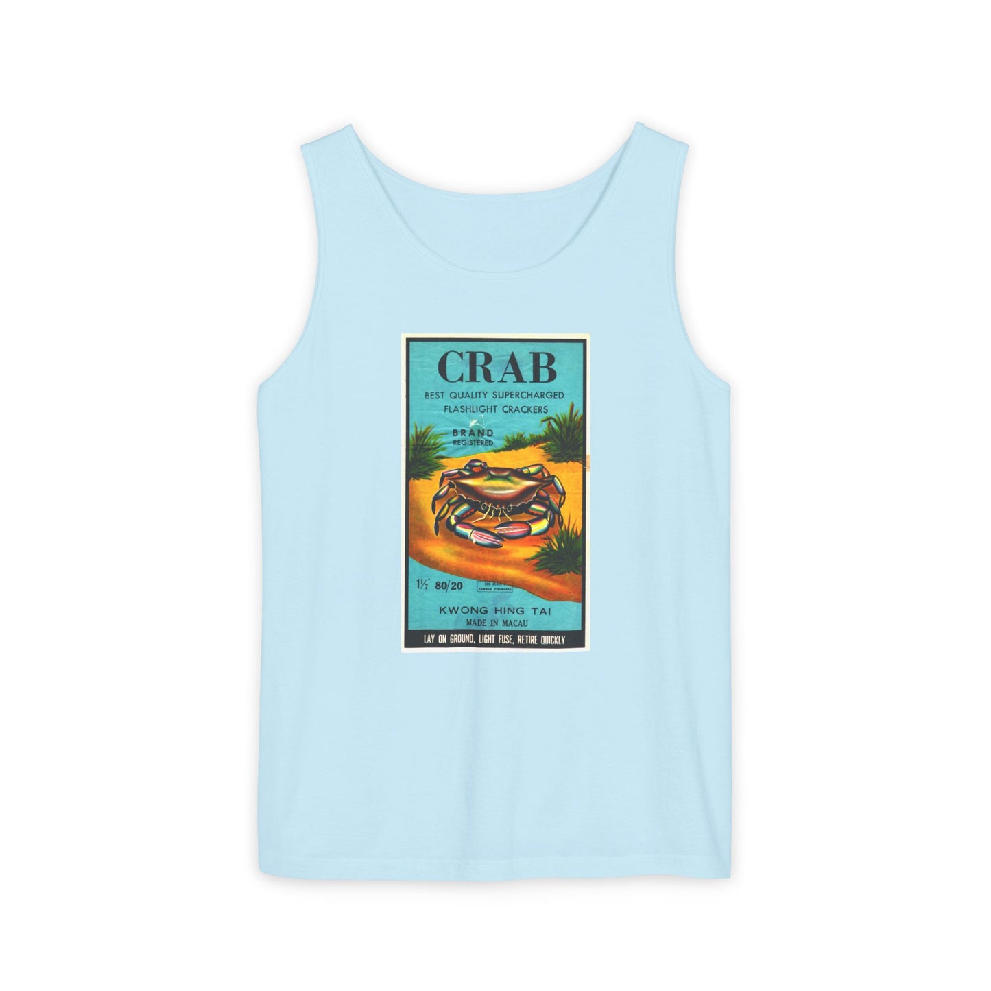Crab Brand Firecrackers tank top detail — mid-century fireworks packaging art — The Faded Label Co.